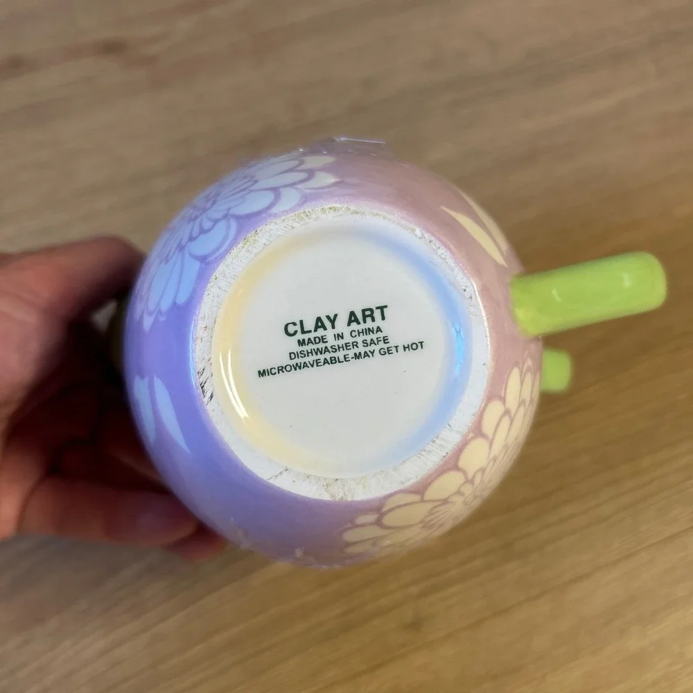 Clay Art Tea For One Stackable Ceramic Teapot and Cup Set Purple Green Floral